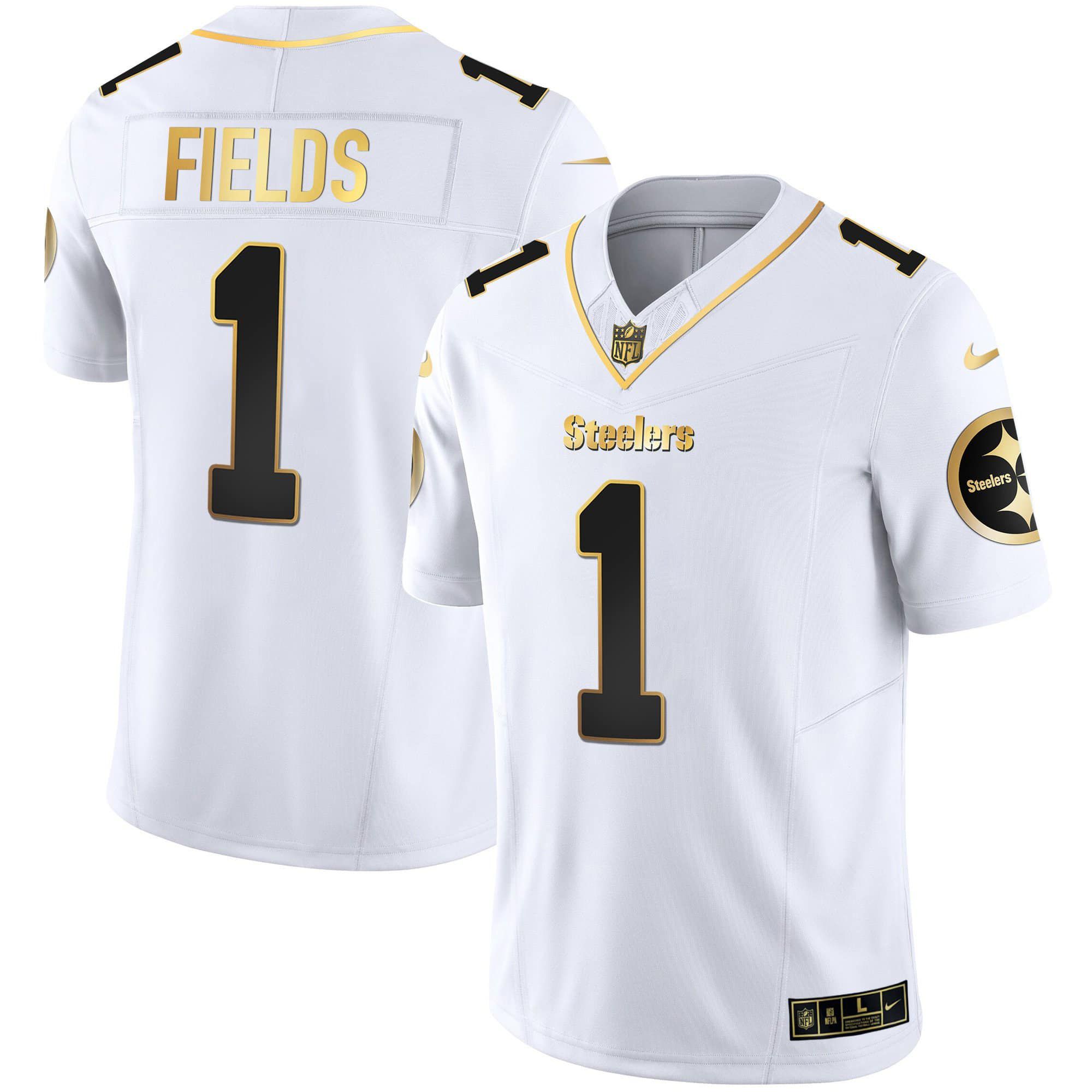Men Pittsburgh Steelers 1 Fields White Gold 2024 Nike Vapor Limited NFL Jersey